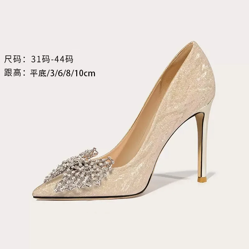 Spring and summer new pointy sequins diamond bow bride wedding shoes thin high heels banquet dress large small women single shoe