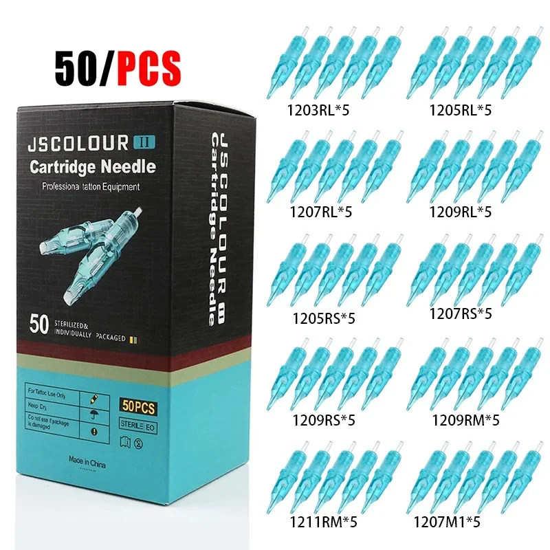 50 JSColour II Tattoo Needles - Mixed Professional disposable tattoo needles, 0.35mm, RL,RS,RM,M1, 4 types, sterilized, see-made