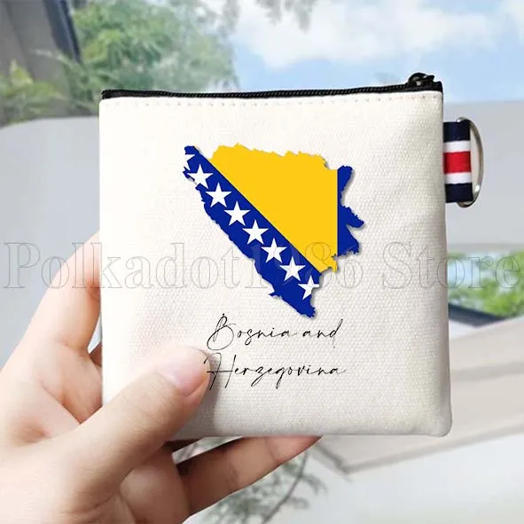Bosnia Herzegovina Flag Map Bosnian Gifts Canvas Coin Purse Bag Small Square Key Bag Storage Card Bag Cotton Wallet Zipper Pouch