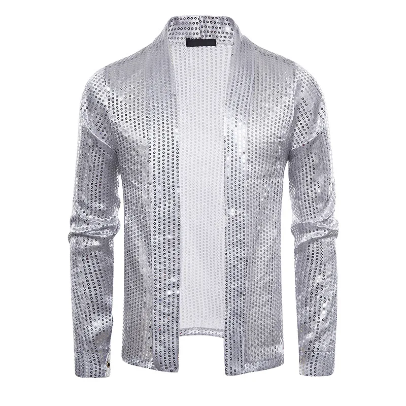 

New Fashion Man Spring Fall Long Sleeve Sequin Shirt Male Perform Casual Cardigan Clothing Boy Party Gift Blo8