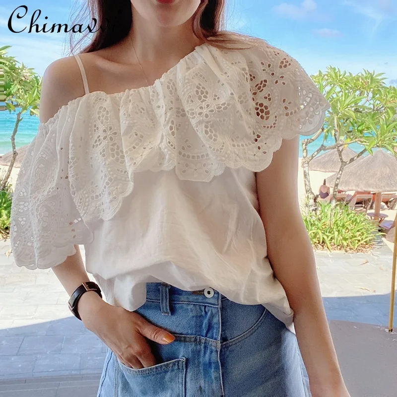 

Fashion Women's White Shirt 2024 Summer Clothes New Elegant Lace Ruffled Off-Shoulder White Off-Shoulder Blouse Women's Top