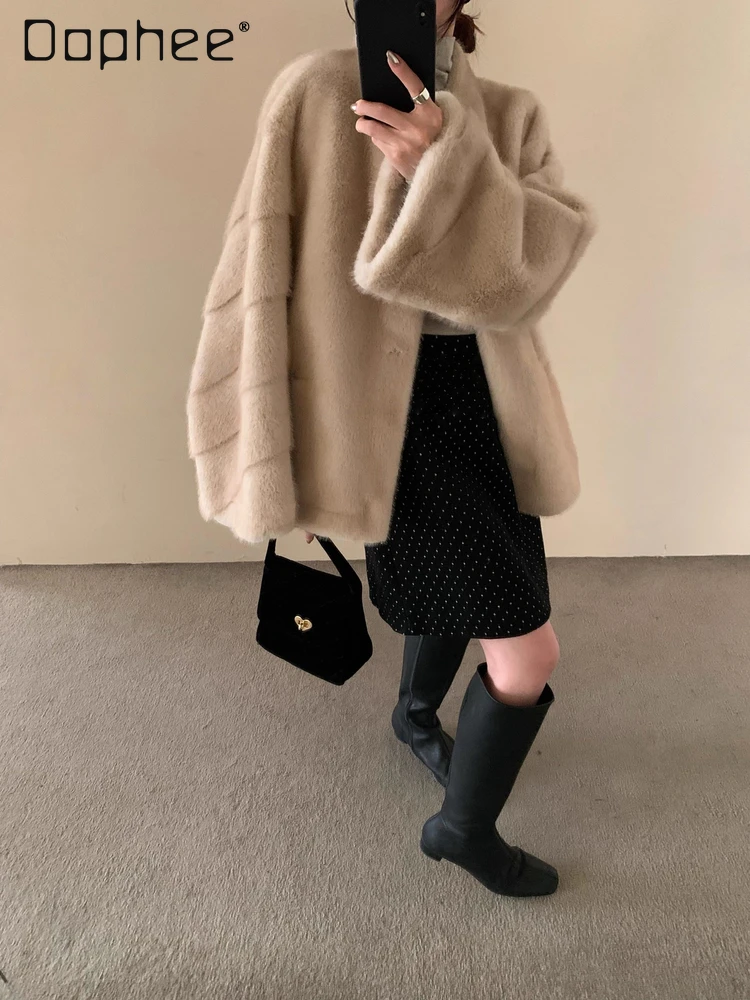 Abrigo de felpa de piel ecológico con cuello levantado elegante, abrigo de longitud media grueso de piel de oveja de imitación de tendencia coreana Ins para invierno