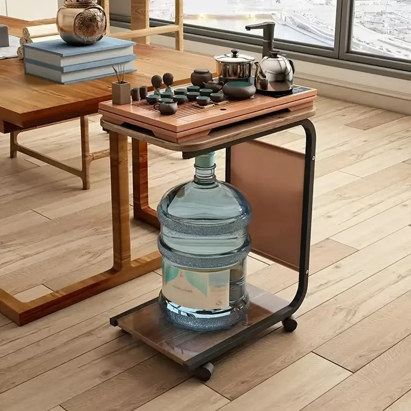 قطعة واحدة من طاولة جانبية متدحرجة بنية مع حقيبة تخزين - طاولة من الخشب الصلب، مكتب على شكل حرف C للأريكة وجانب السرير، طاولة ميزة الإطار المعدني #3