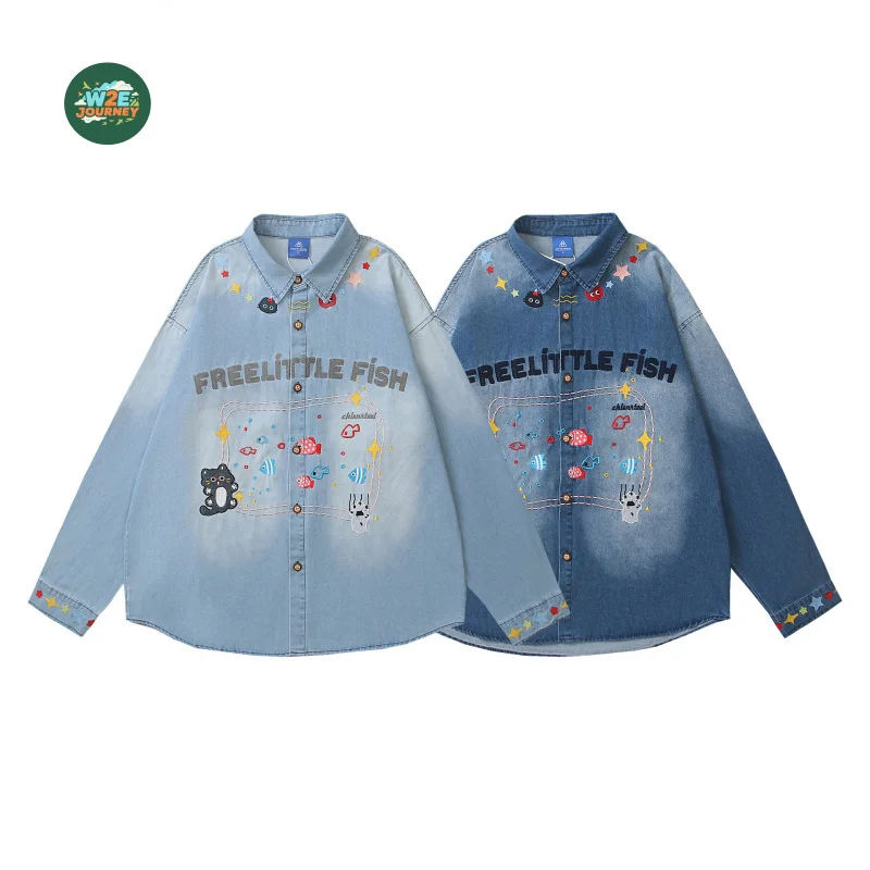 W2EJOURNEY 고품질 EU US 사이즈 럭셔리 아웃도어 빈티지 워시드 만화 자수 긴팔 데님 유니섹스 캐주얼 셔츠