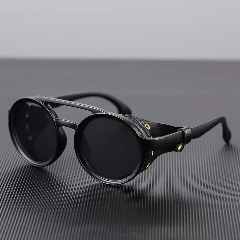 Sunglasses Windproof Mountaineering Steampunk Round Eyewear For Men With Leather Side Goggles UV400 Cycling Riding Glasses