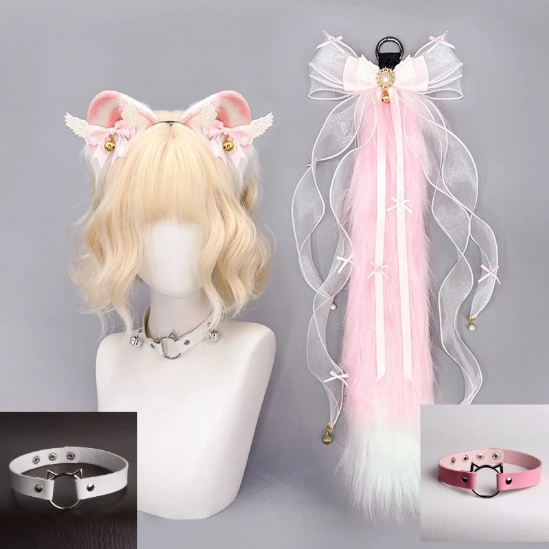 

Cat Ear Headband Plush Tail Antique Fox Tail Handmade Animal Ear Cat Ear Tail Set Leather Collar Masquerade, Bar Halloween Toys