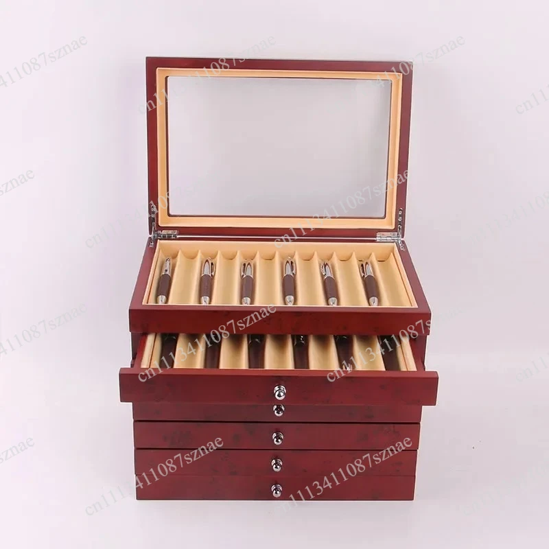 Large Capacity Wooden Pen Display Case 78 Pens, Fountain Pen Collector Organizer Box with Transparent Window, Black/Burgundy