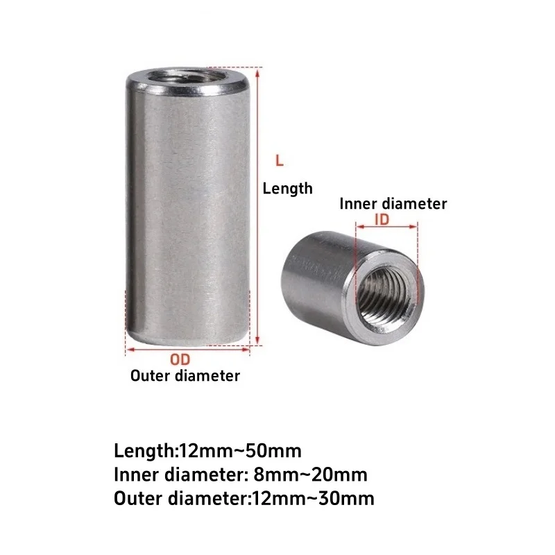 A2 Stainless Steel Column Joint Round Coupling Nut Standoff Spacer Fine Thread  Extended Cylindrical Nut M8M10M12M14M15M16M18M20