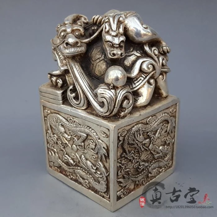 

Antique Pure Copper Brass Silver-plated Dragon Turtle Seal Ornaments Jade Seal Shuanglong Play Pearl Paperweight Decorative Gift