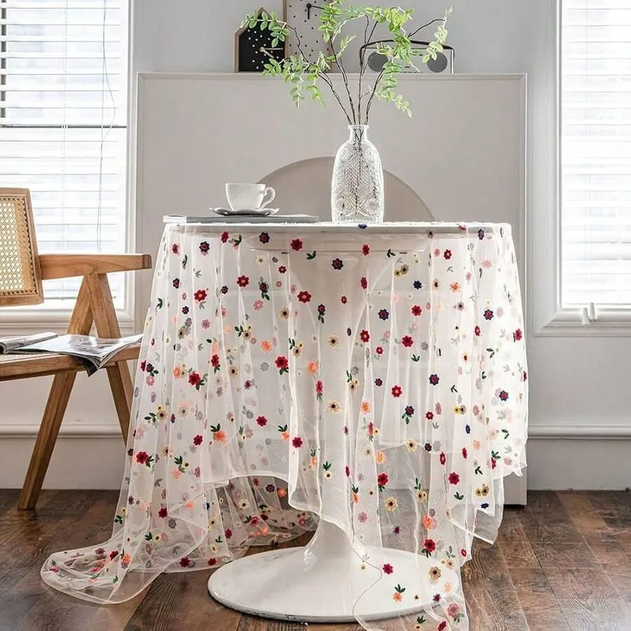 1pc Floral Embroidery Lace Tablecloth Colorful Embroidered Table Cover Overlay For Wedding Kitchen Dining Home birthday Decor