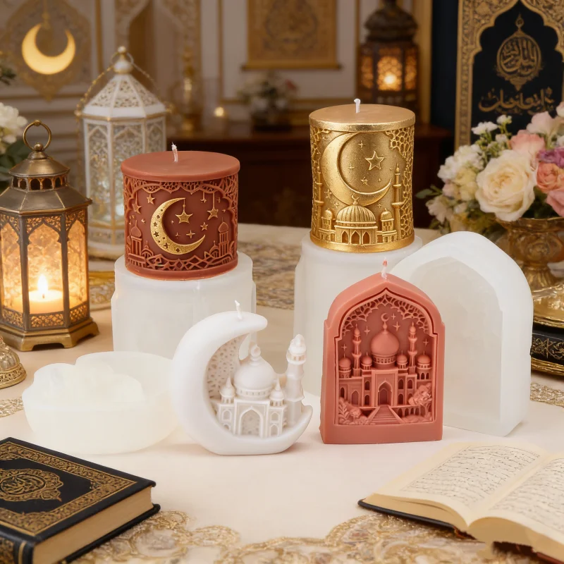 3D Moon Castle Ramadan Silicone Molds Mosque/Crescent/Arch Tower Designs Handmade Aromatherapy Tools DIY Scented Pillar Candles