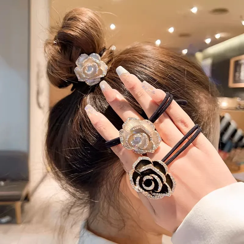 

New Super Fairy Style Headband Elastic Hair Tie Women's Ponytail Hair Rope High-End Camellia Rhinestone Hair Tie