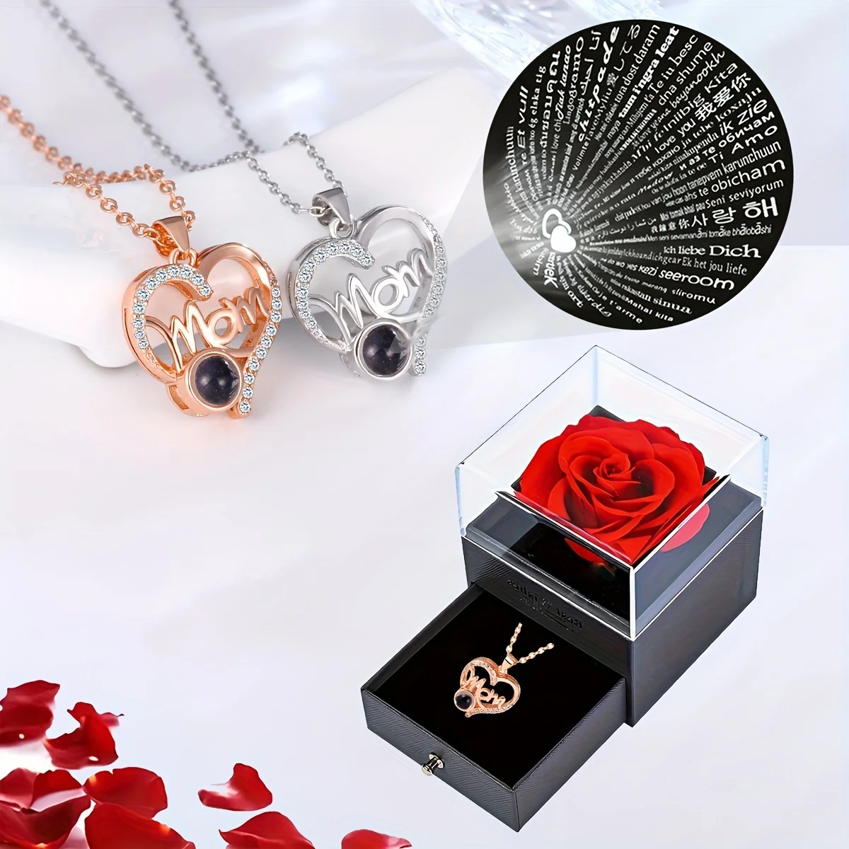 Mom Heart Zircon Necklace I Love You In 100 Languages Projection Pendant With Roses Flower Box For Women Mother's Day 2024 New