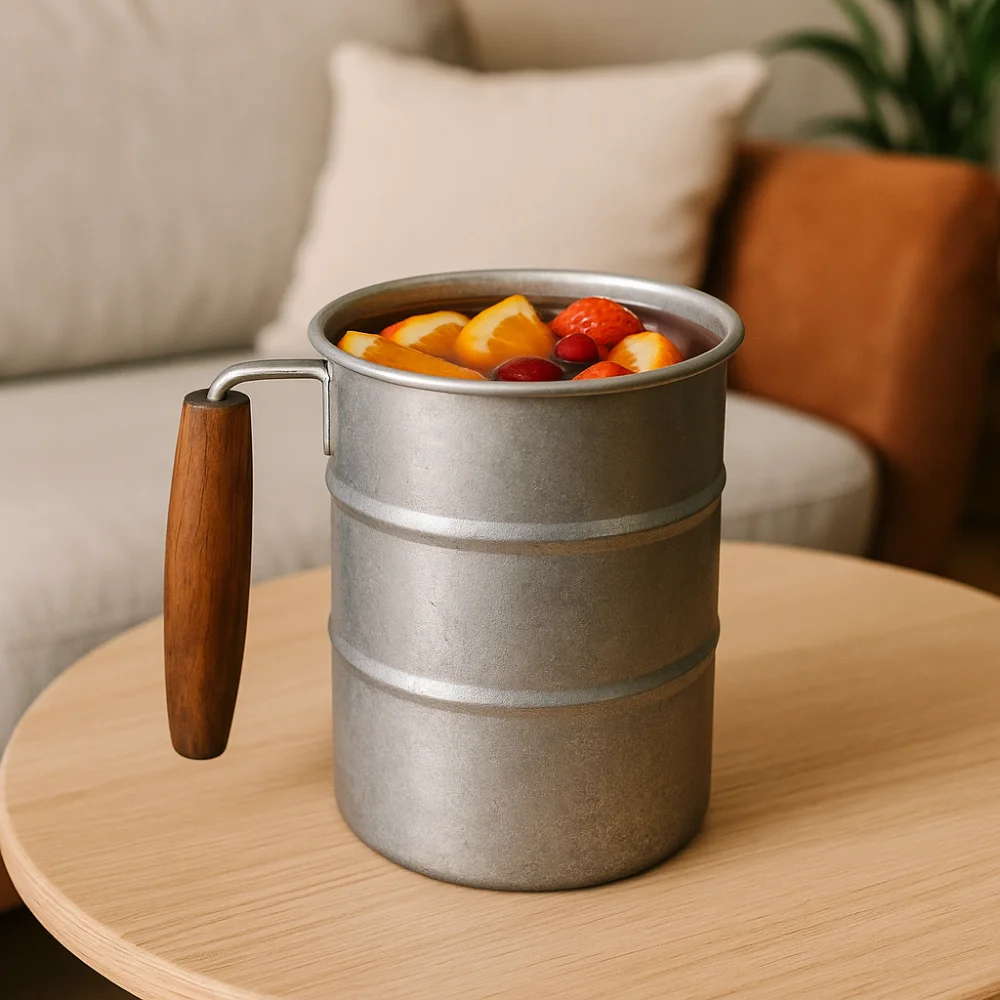 

Stainless Steel Vintage Wine Mug Oil Barrel Design Industrial Style Cold Drinks Mug Wooden Handle Shatterproof Camping Cup