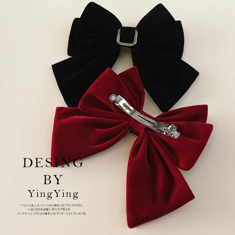 Large Bowknot Red Black French Hairclip Accessories Headwear Spring Satin Velvet Princess Hairpins Headdress  Rhinestone Heart