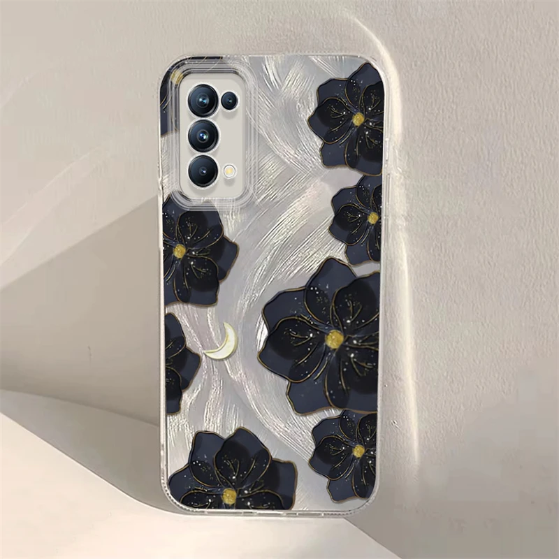 Funda IMD para OPPO Reno 12, 11, 8, 7, 6, 5, 4 Lite, diseño de Flores Negras, patrón de Luna, a prueba de golpes, anticaída, pluma, hilo, funda suave para teléfono