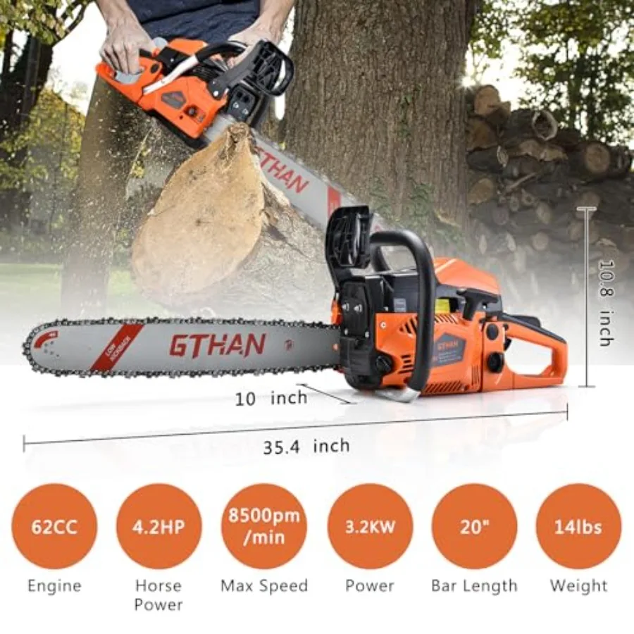 منشار الغاز 62cc 20 بوصة سلسلة المنشار 2 السكتة الدماغية بالمنشار الغاز 4.2hp يده اللاسلكي البنزين سلسلة الغاز مناشير للأشجار الخشب F #3