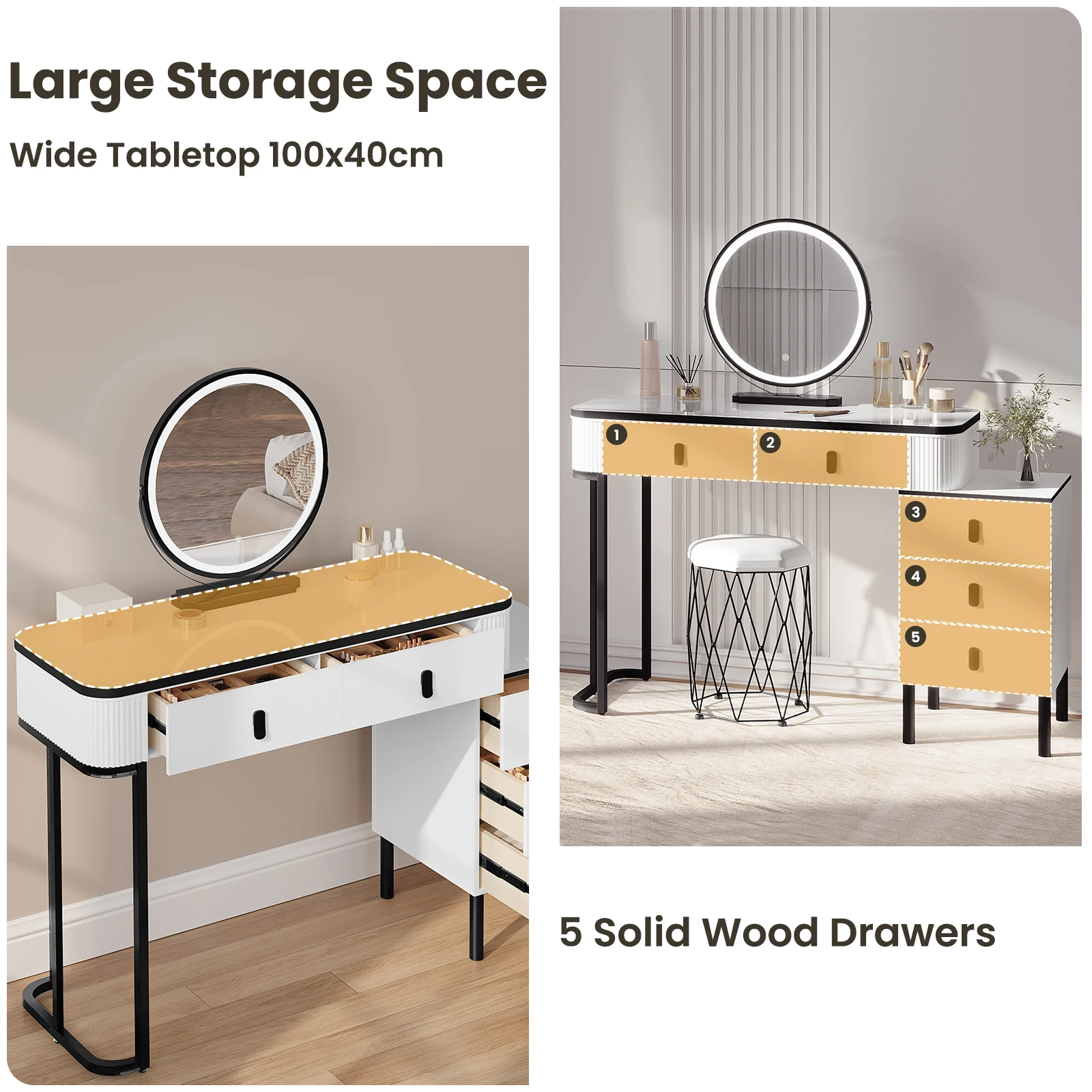 WOLTU Schminktisch mit LED-Beleuchtung, mobiler Spiegel, für Mädchen und Frauen, Waschtisch, flexible Montage, Make-up-Kosmetiktisch für Schlafzimmer – Detail 10