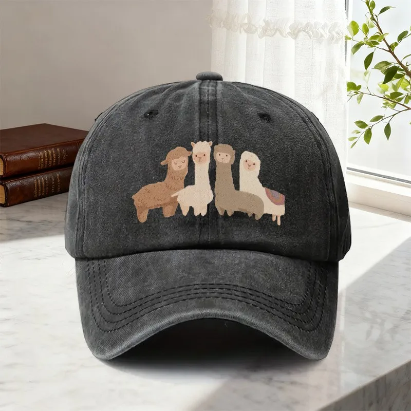 Cute Alpaca Print Baseball Cap Unisex Adjustable Washed Cotton Hat for Outdoor Travel Parties