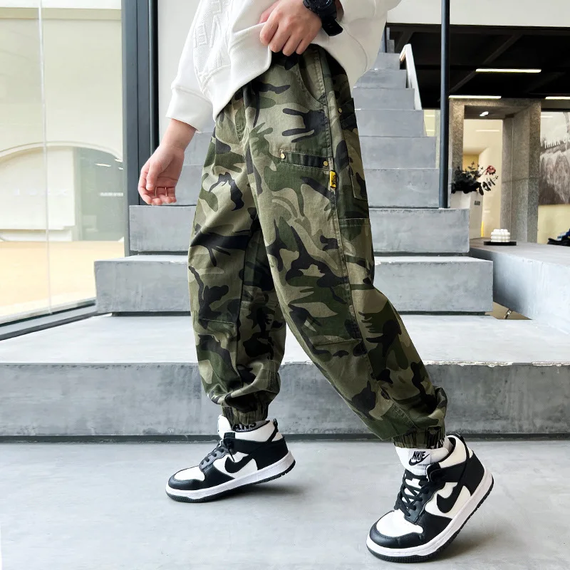 Boys Camo Pants Spring Autumn Kids Casual Trousers Children Cotton Multi-Pocket Baggy Streetwear Hip Hop Military Tactical Pants