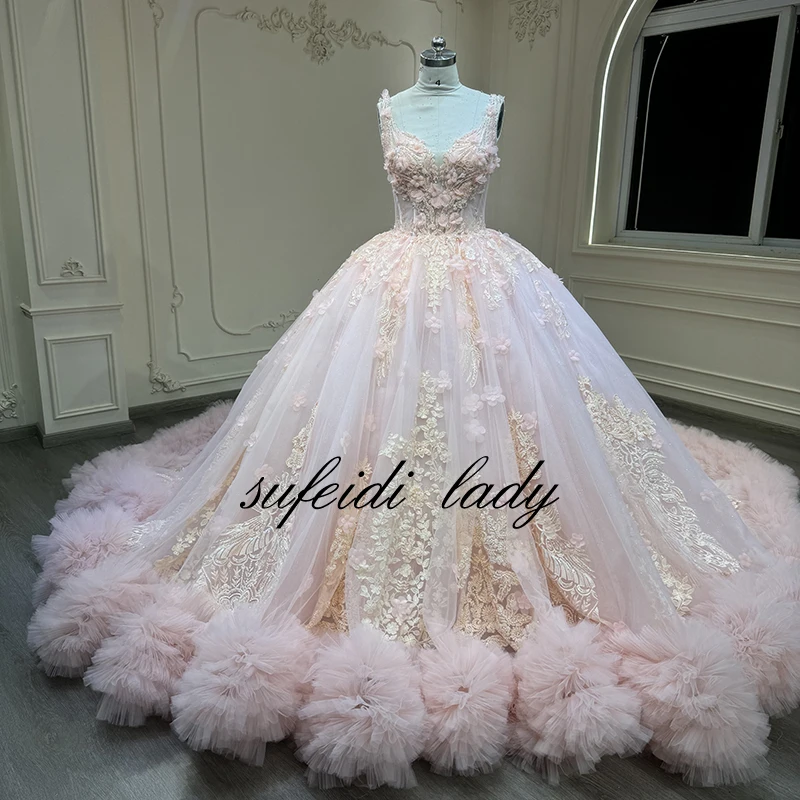 

2025 New Adult Ceremony Dress with Deep V-Neck and Pink Flower Train