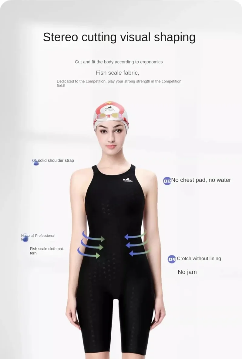 FINA-Zugelassener Mädchen Einteiliger Knielanger Badeanzug Professioneller Wettkampf- und Trainings-Schwimmanzug – Detail 1