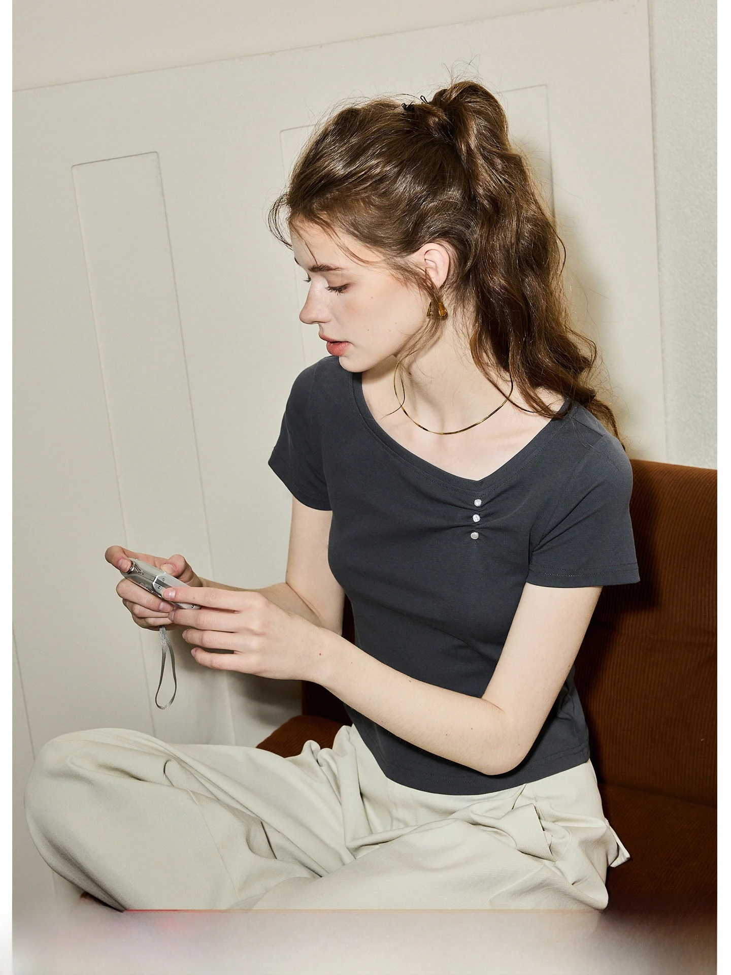 KUHNMARVIN Store Summer New Gentle Style Women's Short Sleeve T-shirt Baring Collar Side Slit Design Casual Knitted Top