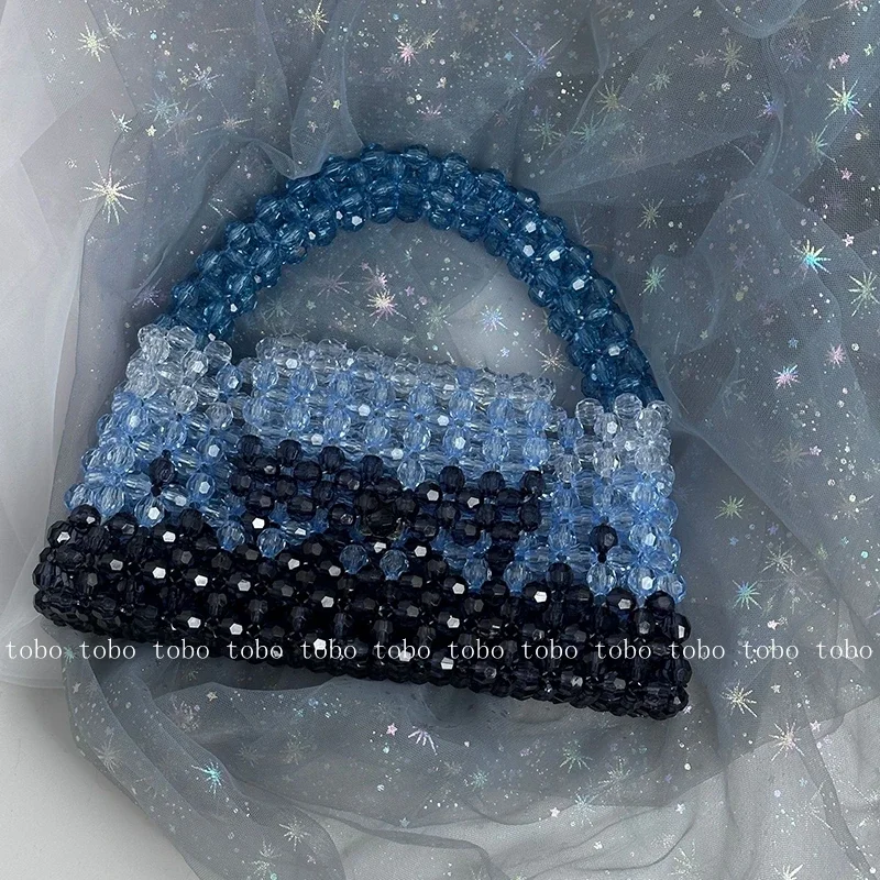 Gradient Blue Beaded Own Design Tote Bags for Women Customized Color Fashion Handbags for 2022 Chain Handle Clutch Evening Bag