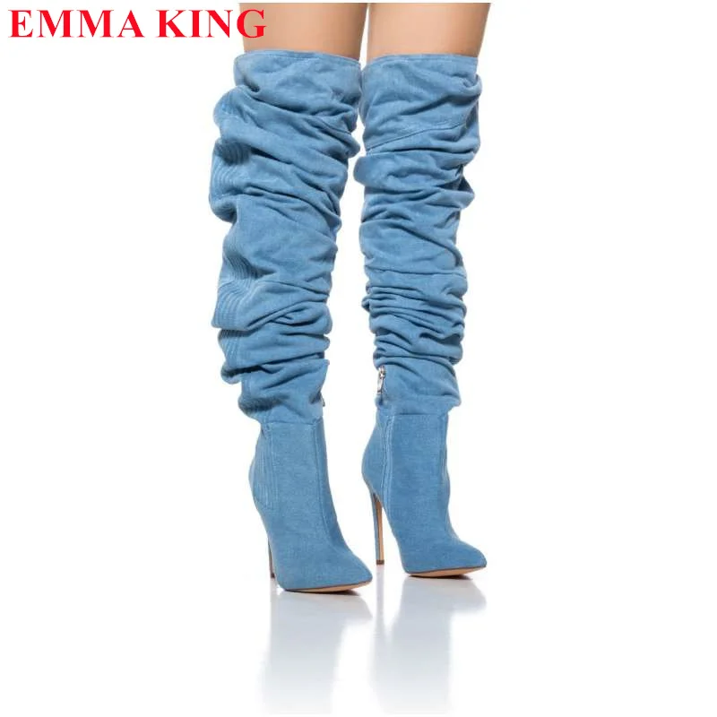 

Women Pleated Boots Pointy Toe High Thin Heels Over The Knee Long Boots Autumn Winter Casual Party Shoes Ladies Thigh High Boots