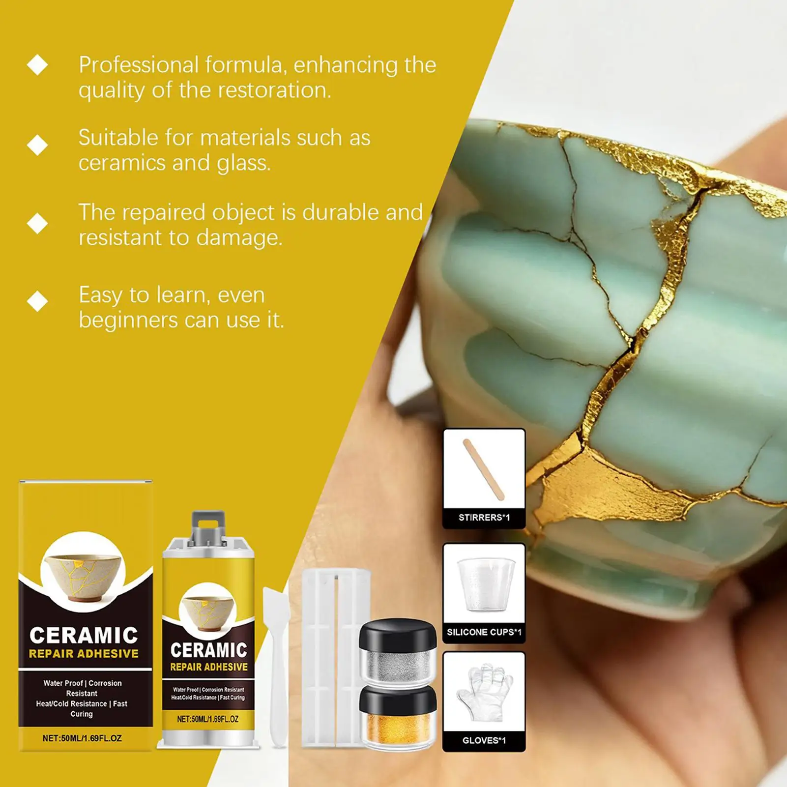 Kintsugi Repair Kit Gold Ceramic Glue Food Safe Adhesive for Broken Pottery Plate Cup Bowl Bathtub Craft Art Restoration image 2