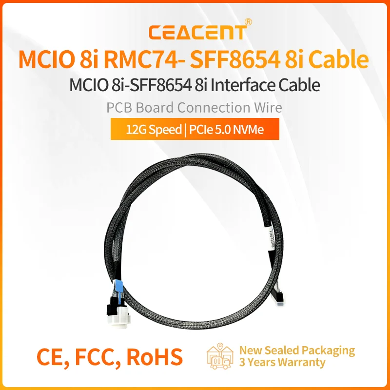 Mini Cool Edge IO MCIO X8 to SlimSAS SFF-8654 8I 74Pin 24G PCIe 5.0 NVMe Adapter Cable 0.8M Length 32AWG 85-ohm