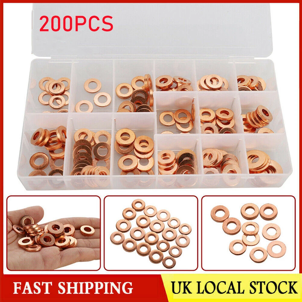 200pcs Copper Diesel Injector Ports Washers Fuel Set Seal Rings Assortment Set