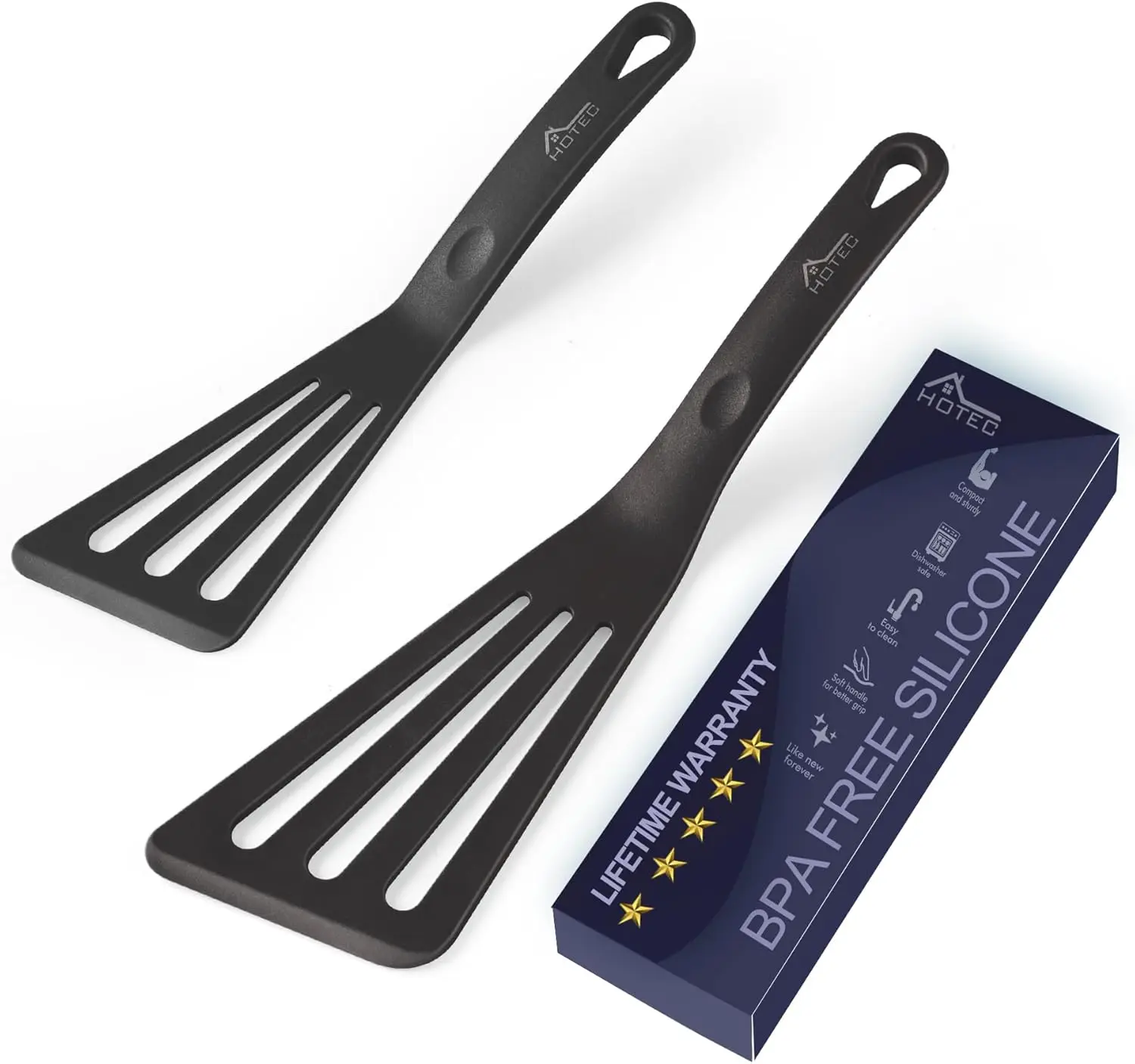 Heat Resistant Silicone Fish Turner Spatula Set, BPA Free Flipper for Non-Stick Cookware, Dishwasher Safe, Black