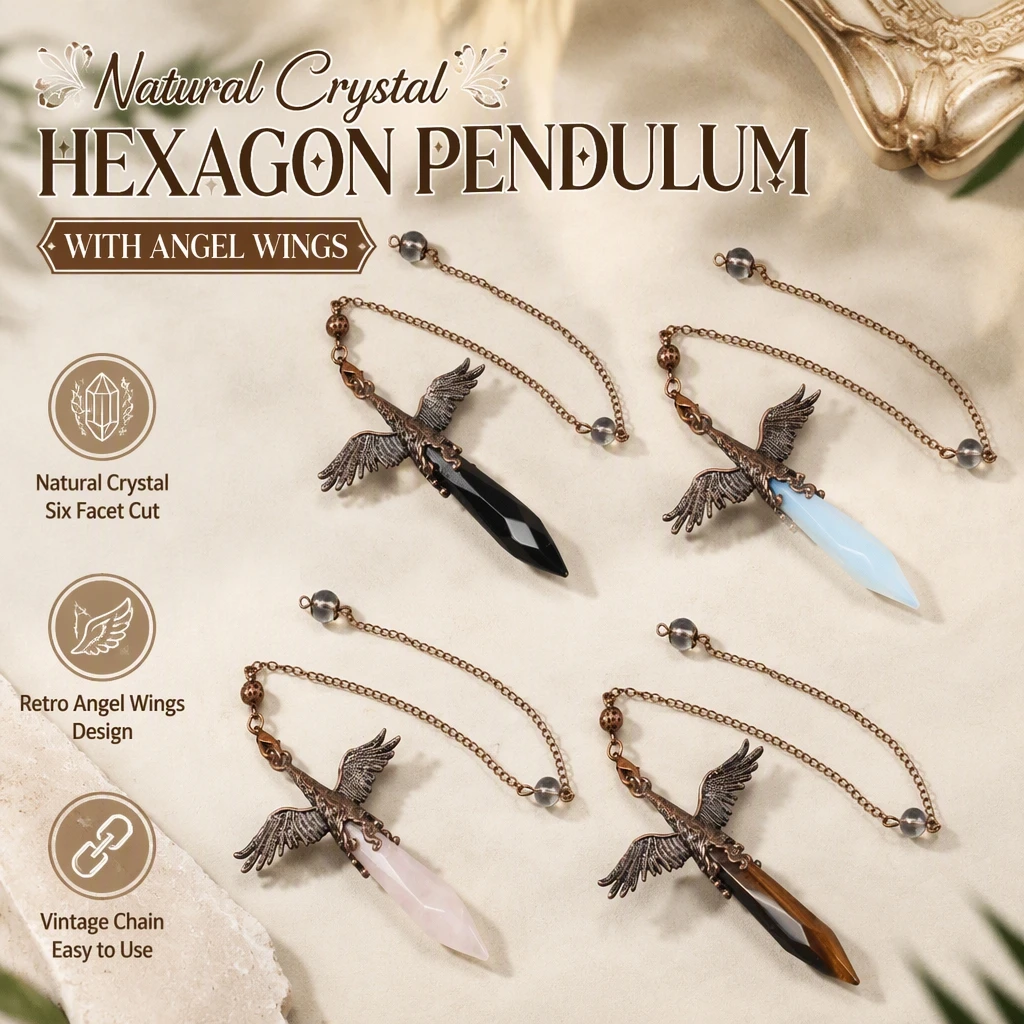 Natural Crystal Hexagonal Prism Faceted Angel Wings Pendulum Charm Antique Bronze Finish Pendant Jewelry for Meditation and Gift