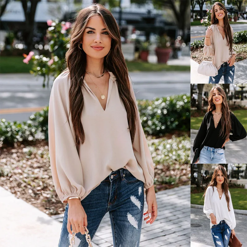

Women Shirts Autumn Winter Women's Casual Shirt Long Sleeve Solid Color V Neck Loose Comfortable Top