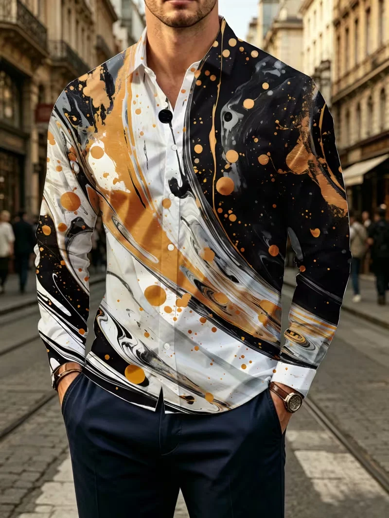 New Tibetan Blue Flowing Neon Beam 3D Printed Shirt, Cyber Urban Trendy Smooth Men's Long Sleeve Shirt Top
