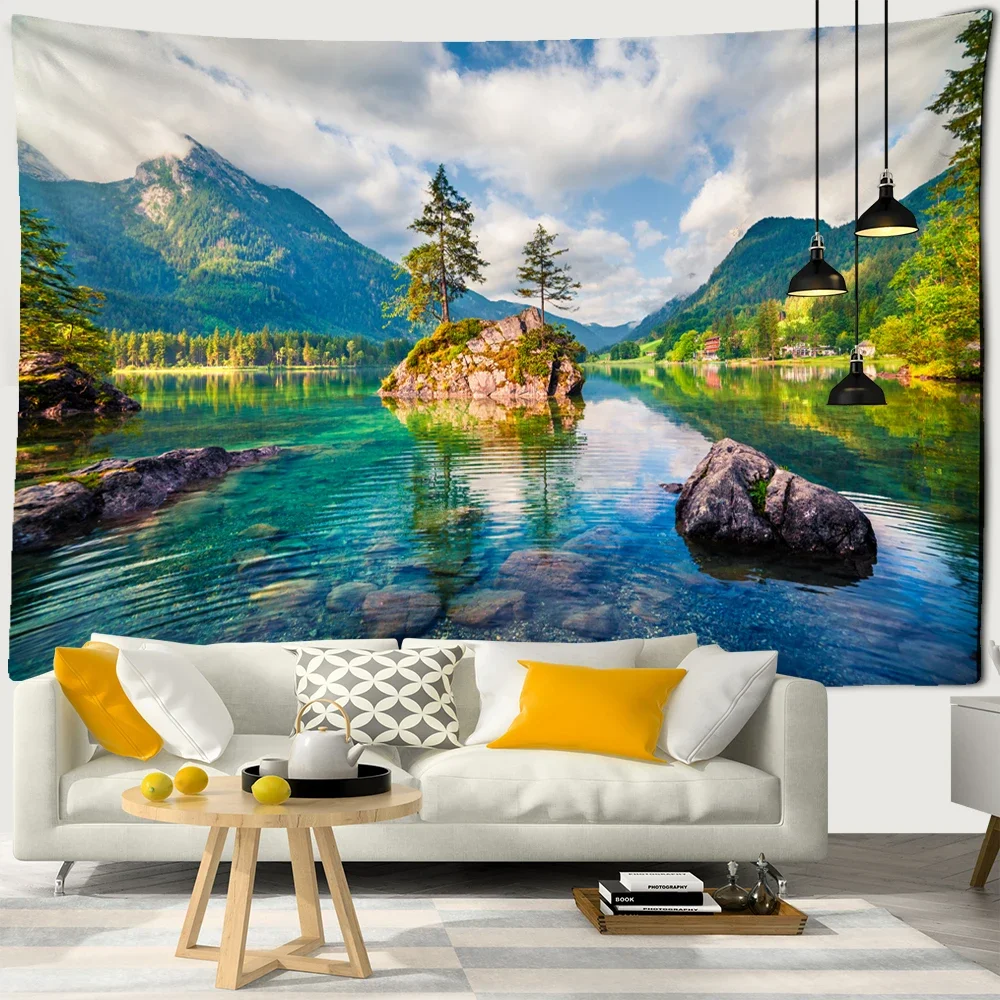 Mountain Water Landscape Tapestry 3D Print Green Plant Tree Natural Scenery Wall Hanging Home Living Room Dorm Bedroom Decor