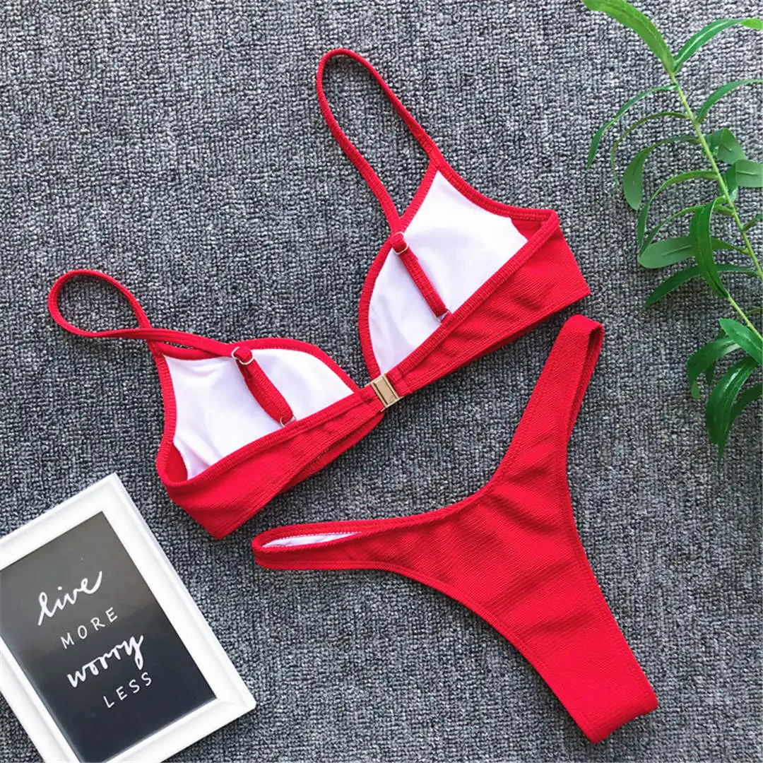 5 Farben, sexy, gerippter Tanga-Bikini, V-Form, Damen-Badebekleidung, zweiteiliges Bikini-Set, hoch geschnittener Badeanzug, V1335 – Detail 30