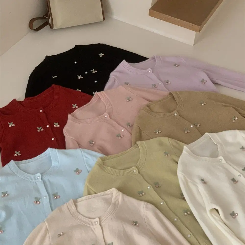 

Классический меховой свитер, кардиган с жемчужной пуговицей, милая девушка с 3D нашивкой вишни, круглый топ средней длины