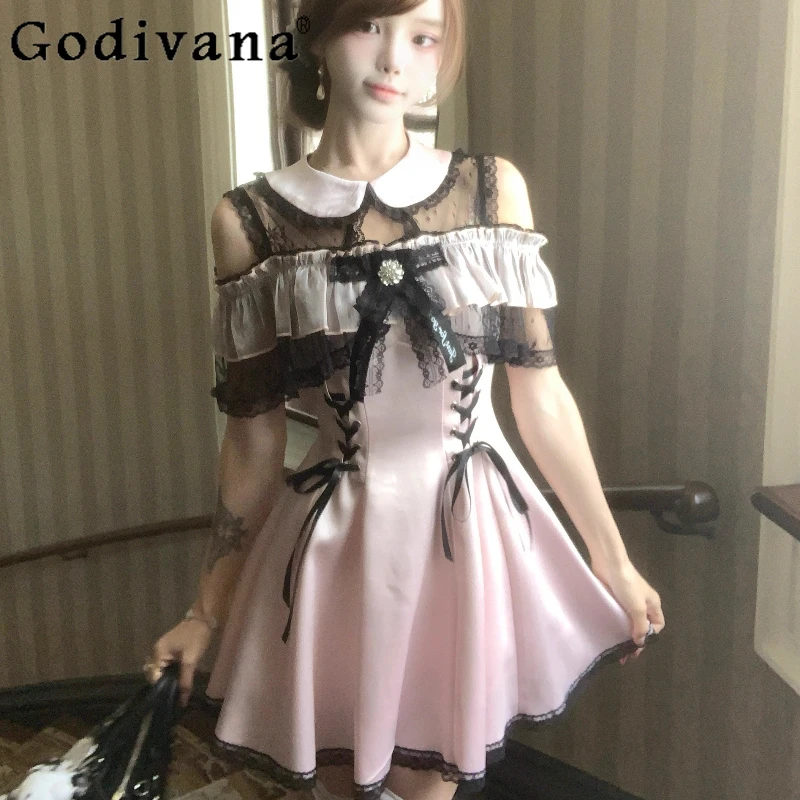 

Solid Color Doll Collar Lace Dress Women's Japanese Style Clear Slim Fit Cute Dress Female Summer Sweet Lolita Pink Dress