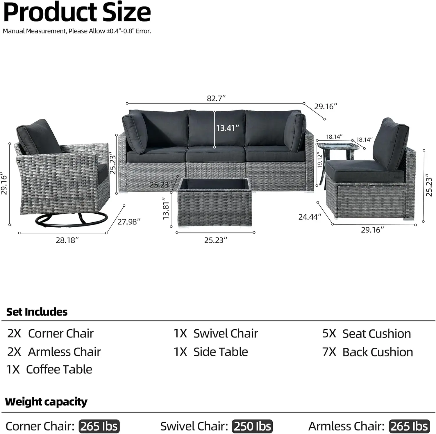 Terrassen möbel Set, Outdoor Sofa Couch mit Rocker Drehstühlen, Hocker und Kissen, Korb Rattan Sofa Set