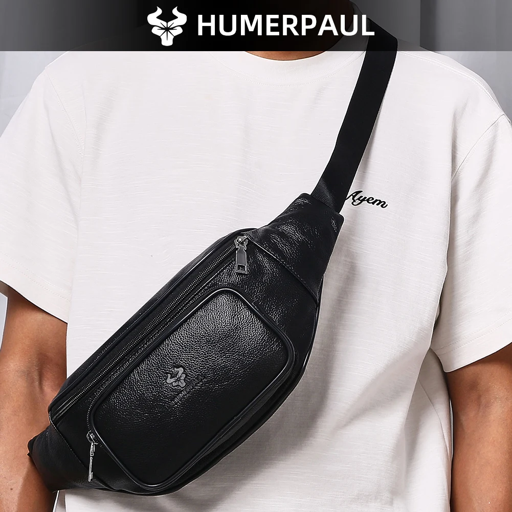 HUMERPAUL Men's Waist Fanny Pack Cowhide Classic Belt Bag Natural Leather Travel Outdoor Sling Chest Bags with Phone Pocket - view 3