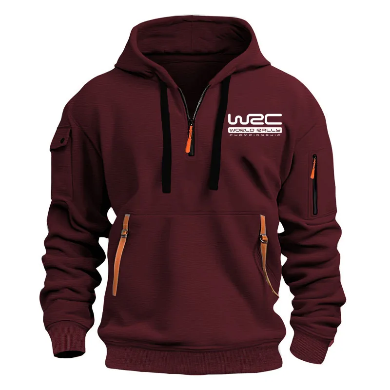 سويت شيرت بقلنسوة للرجال بسحاب متعدد الجيوب، قميص علوي بطولة العالم، طباعة رالي، قطن كاجوال، فضفاض كبير الحجم