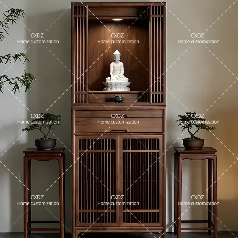 New Chinese Style Black Walnut Shrine Cabinet Offering Table Incense Altar Household Entrance Standing Console for Home Decor