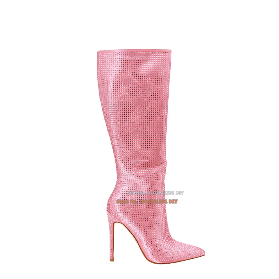 

Bling Bling Rhinestone High Heels Long Boots Pointed To Cristal 110 Mm Thin Heeled Knee High Boots Women's Pointed Toe Long Boot