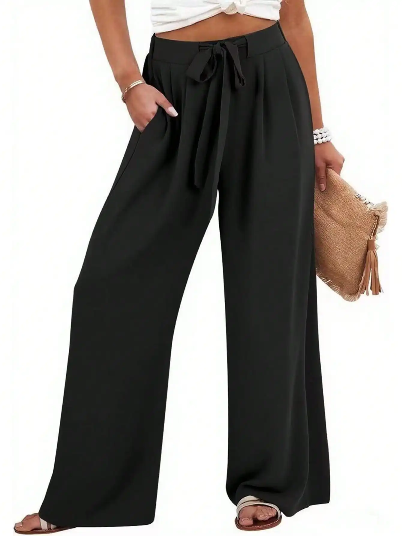 Women Wide Leg Pants 100% Polyester High Waist Loose Long Trousers Summer 2026 Woven Casual with Drawstring Side Pockets