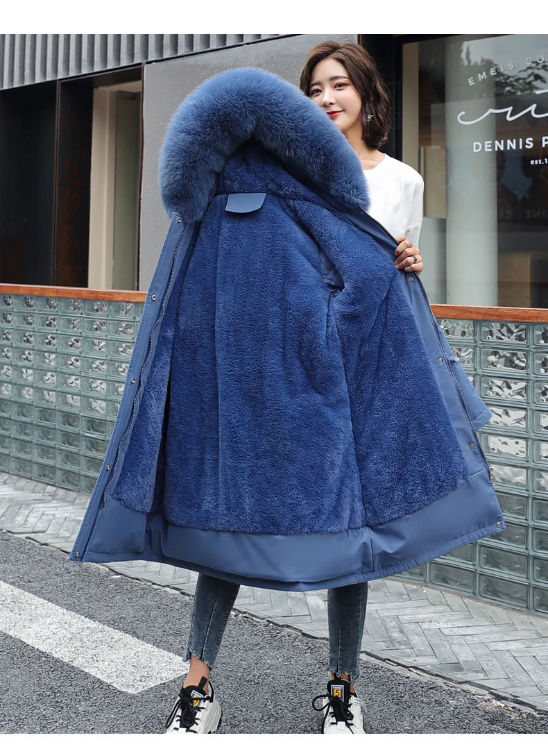 Parkas Jacket Women Cotton Coat Winter Mid Length Outerwear Fur Collar Plush Liner Hooded Drawstring Thick Windproof Office Lady