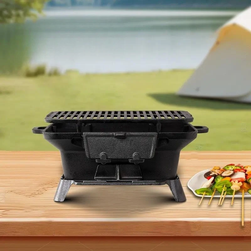 Cast Iron Outdoor BBQ Meat Grill Household Charcoal Barbecue Extra Thick for Camping Picnic Courtyard Villa
