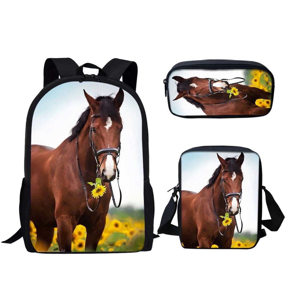 Sunflower Horse Print 3 buah tas sekolah ransel kasual remaja laki-laki perempuan tas buku siswa tas makan siang tas pensil ransel harian