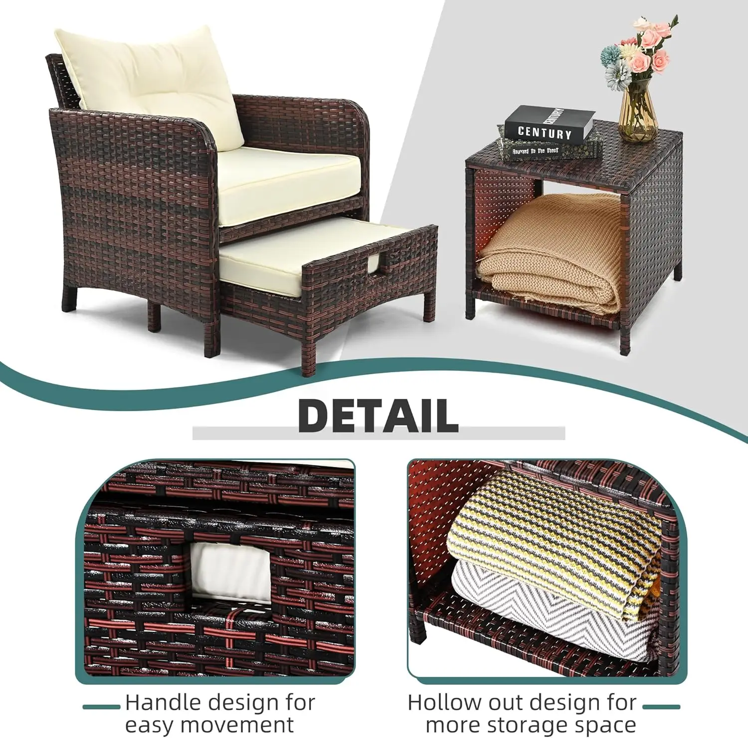 طقم أثاث فناء الروطان مكون من 5 قطع، وكراسي خوص من البولي ايثيلين مع مسندين وطاولة قهوة للاستخدام الخارجي (بيج)